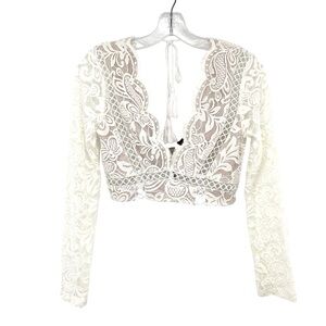 Showpo White Nude Long Sleeve Lace Corset Crop Top Size 8